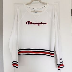 Champion Sweatshirt Women’s Large White Logo Red Navy Stripe Athletic Pullover
